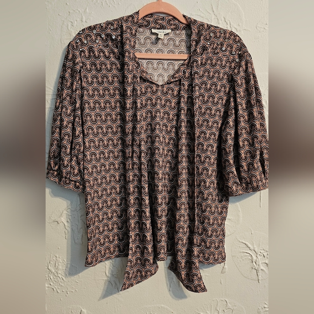 Como Blu Geometric Blouse Women's Tie Neck Shoukder Bling Petite Large